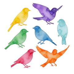 Collection of colorful watercolor bird silhouettes in various poses
