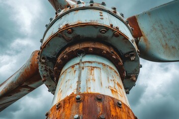 Closeup view of an old rusted vertical axis showing signs of weathering and decay, A close-up view of an old and rusted vertical axis wind turbine generator as viewed on a cloudy day