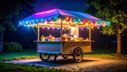 Colorful night photo of an ice cream cart glowing under neon lights