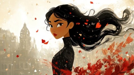 The wind gently ruffled the girl's hair on Valentine's Day.