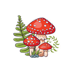 A group of toadstools among herbs and ferns. Mushrooms with red caps and white spots. Autumn, summer illustration