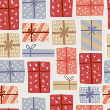 Fototapeta Christmas Seamless pattern with gift boxes. Celebration, greeting card. Textile, wallpaper, wrapping paper design Scandinavian hygge gift