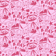 Birthday girly party crayon seamless pattern. Festive pink and red doodle endless background. Hand drawn kids repeat cover. Vector hand drawn illustration.