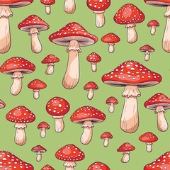 Mushroom pattern. Seamless pattern with toadstools on a green background, summer illustration
