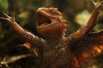 Creature joyfully celebrates victory in a lush forest setting during the golden hour of the evening, Highly realistic of a creature celebrating a victory Success concept