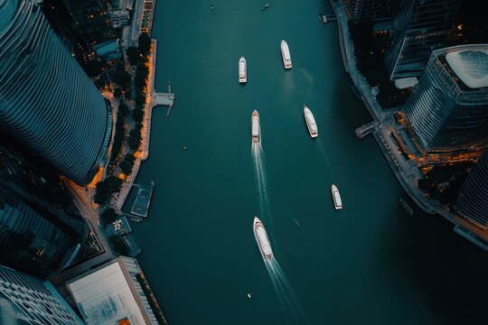 Bird's eye view of boats navigating through Marina Bay during twilight, Top View Aerial Drone Footage: Flight Over Marina Bay with Yachts of Different Sizes - Powered by Adobe