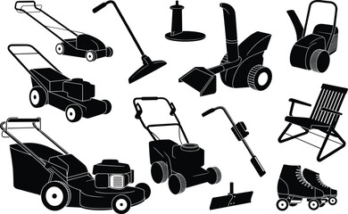 Collection of Garden Tools, Lawn Mowers, and Outdoor Equipment Silhouettes – Household Maintenance and Recreational Gear Vector Set