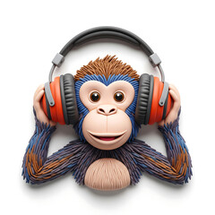 Adorable clay monkey character with headphones listening to music enjoying the sound