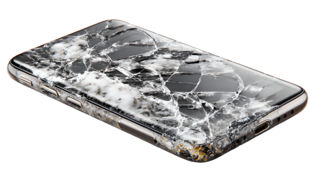 Phone with a cracked screen is shown on a white background. The cracked screen gives the impression of a broken or damaged device
