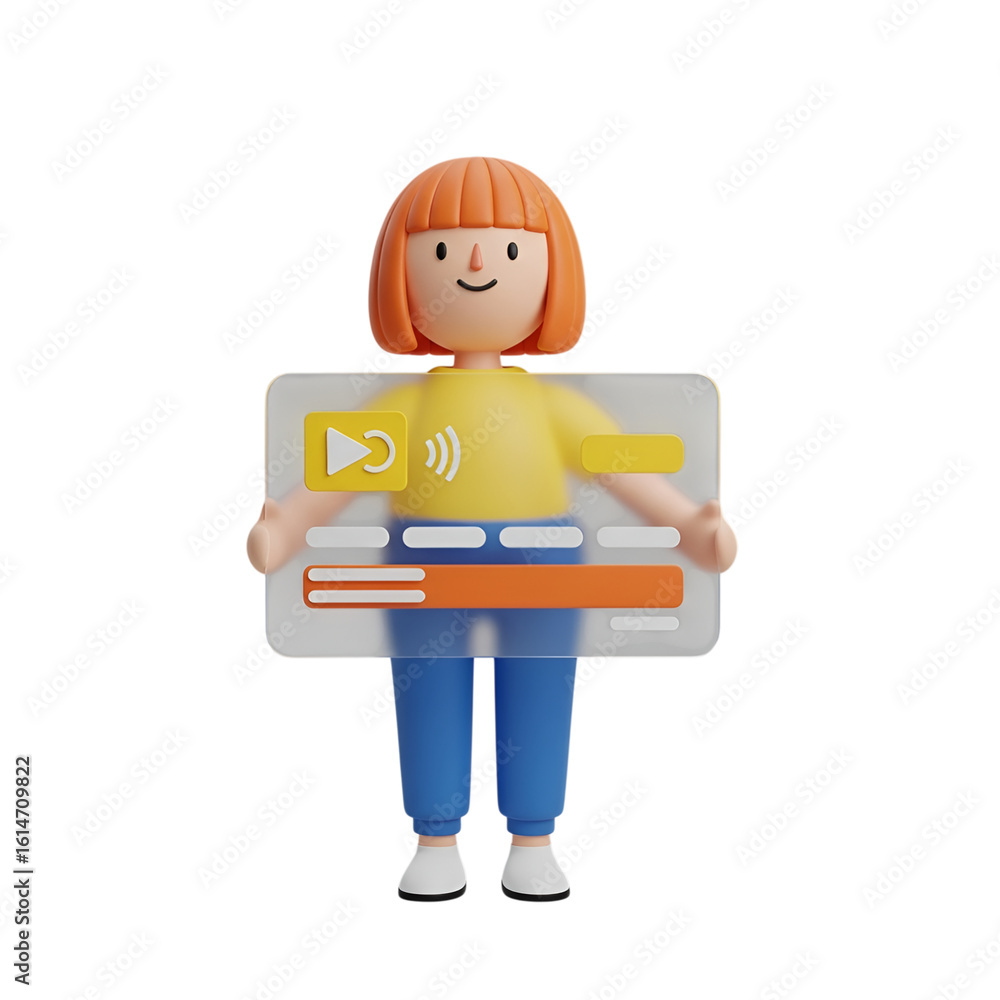 Poster 3d icon of a friendly 3d character holds a transparent video player interface with play button and c