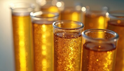 Multiple test tubes filled with golden liquid, possibly oil fuel. Bubbles visible within transparent glassware, suggesting chemical reaction aeration. Used for scientific research, laboratory