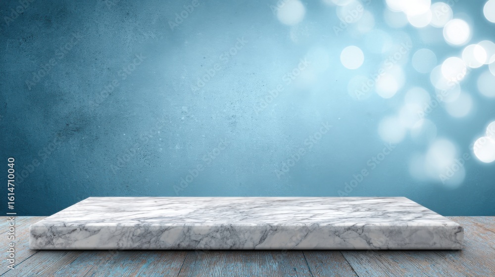 Poster a sleek marble tabletop rests on a wooden surface, creating an elegant display area against a soft b