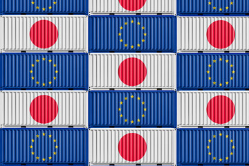 cargo container with european union and japan flag. Concept of business and trade between eu and japan
