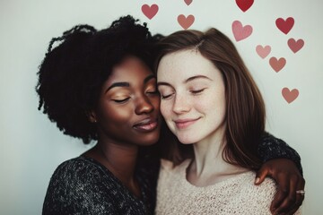 Floating hearts surround diverse couple embracing in a moment of love and connection, hearts floating over diverse female couple embracing