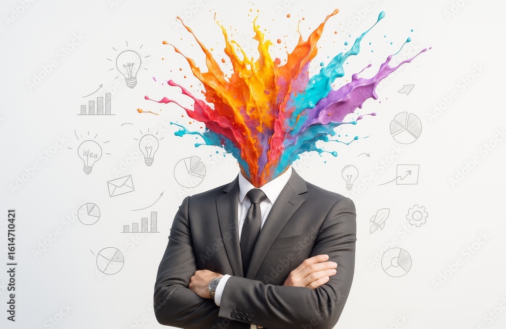 Poster businessman with exploding colorful paint splash instead of head symbolizing creativity and innovati
