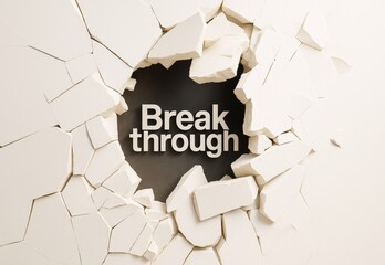 Breakthrough concept with shattered white wall and bold text on dark background, symbolizing innovation, success, and overcoming limits.