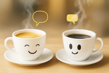 Two smiling coffee cups with speech bubbles and steam on wooden surface against a warm light background, concept of friendly conversation.