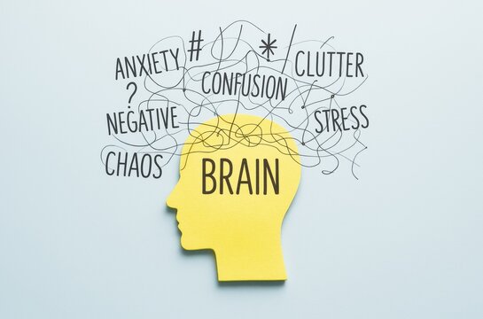 Human head silhouette with mental health terms like stress, confusion, and anxiety on light background expressing chaotic brain activity concept.