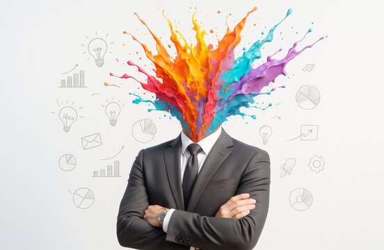 Businessman with exploding colorful paint splash instead of head symbolizing creativity and innovation on a white background with icons.