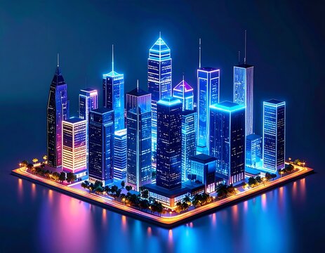 Isometric view of a futuristic city at night