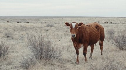 Brown cow grazing peacefully in the vast steppe landscape of Kazakhstan, Tatarstan region, showcasing rural agricultural life