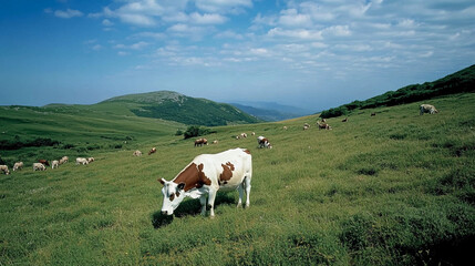 A peaceful scene of cows grazing on a lush green hillside surrounded by majestic mountains, capturing rural mountain life and natural beauty