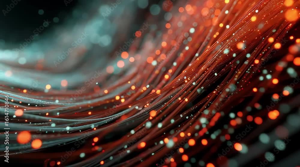 Poster close up of orange fiber optic cables with bokeh lights in the background creating depth and movemen