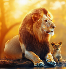 Majestic lion and lioness together in their natural habitat, showcasing strength and beauty of wildlife in the wild