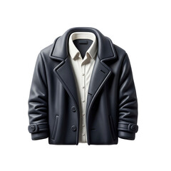 Stylish Dark Navy Leather Double Breasted Peacoat Over a White Shirt