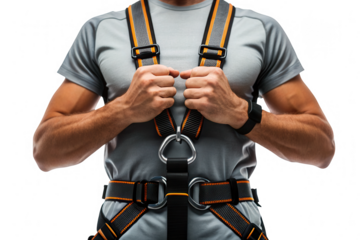 Man wearing a safety harness with orange accents isolated on transparent background