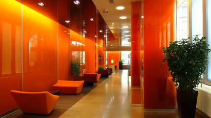 Modern, bright lobby with orange accents, seating, and a plant, leading to distant areas