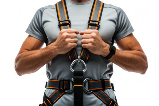 Man wearing a safety harness with orange accents isolated on transparent background
