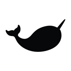 Black silhouette of a narwhal swimming on a white background whale