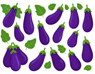 Many purple eggplants, some with leaves