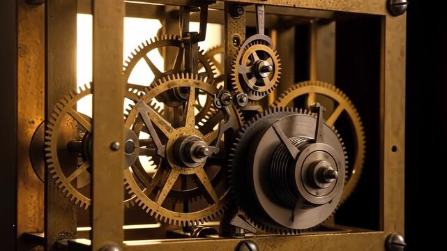 Intricate gears of an antique clock mechanism showing time, engineering and technology.