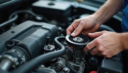 Mechanic performs precise adjustment of car engine timing belt, installing pulley component with skilled hands. Focus on automotive repair, part maintenance, and performance tuning in garage setting.