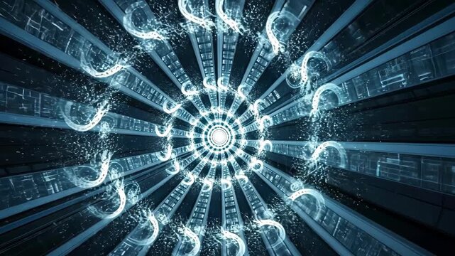 Abstract technology tunnel with glowing light, digital data and data flow concept.
