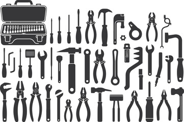 Comprehensive Hand Tool Silhouette Set – Screwdrivers, Pliers, Hammers, Wrenches, Tool Case for Repair, DIY, and Construction Design