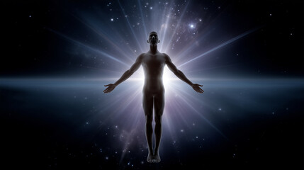 Obraz premium Silhouette of human figure radiating energy and transformation