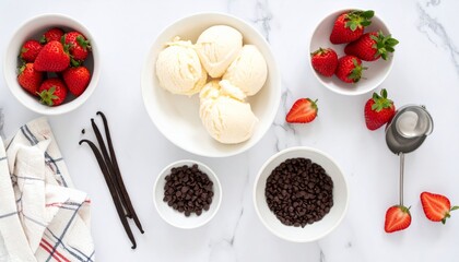 Flatlay of ice cream ingredients like vanilla pods, strawberries, and chocolate chips