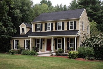 Obraz premium An American home with two windows, a dark gray shingle roof, and tan-colored walls, front view, with a green grass lawn, white trim on the house, and flowers in flower beds around it. Photorealistic. 