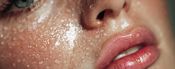 Fototapeta premium Close-up view of a woman's face with drops of water on skin in a soft light setting creating a fresh and youthful appearance