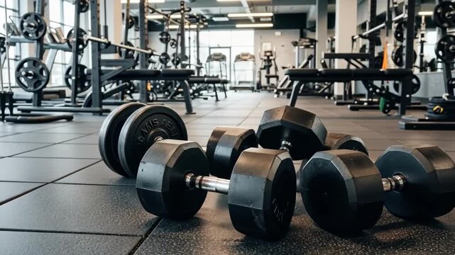 Gym dumbbells on floor with exercise equipment, fitness and healthy lifestyle concept.