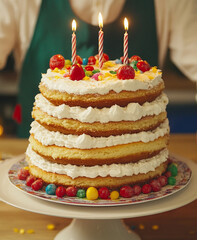 Birthday cake with colorful candles and candies close-up