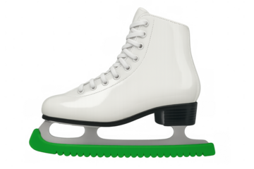 White ice skate with green blade cover on transparent background