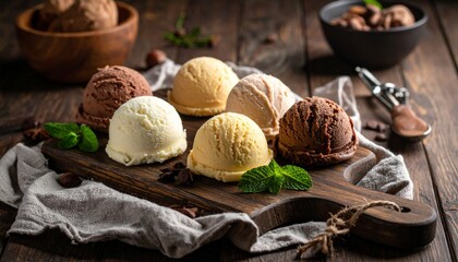 Handcrafted ice cream scoops presented on a rustic wooden board with linen textures 