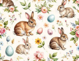 Easter bunnies and flowers seamless pattern