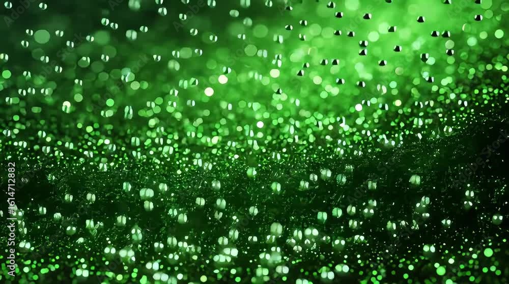 Poster a dark green surface covered in sparkling specks with bokeh effect in the upper area of image