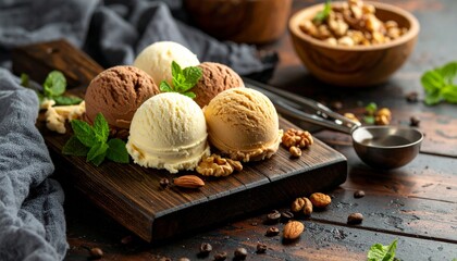 Handcrafted ice cream scoops presented on a rustic wooden board with linen textures 