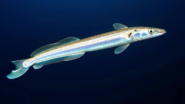 Silver fish swims in black background underwater marine animal wildlife. Eel fish.